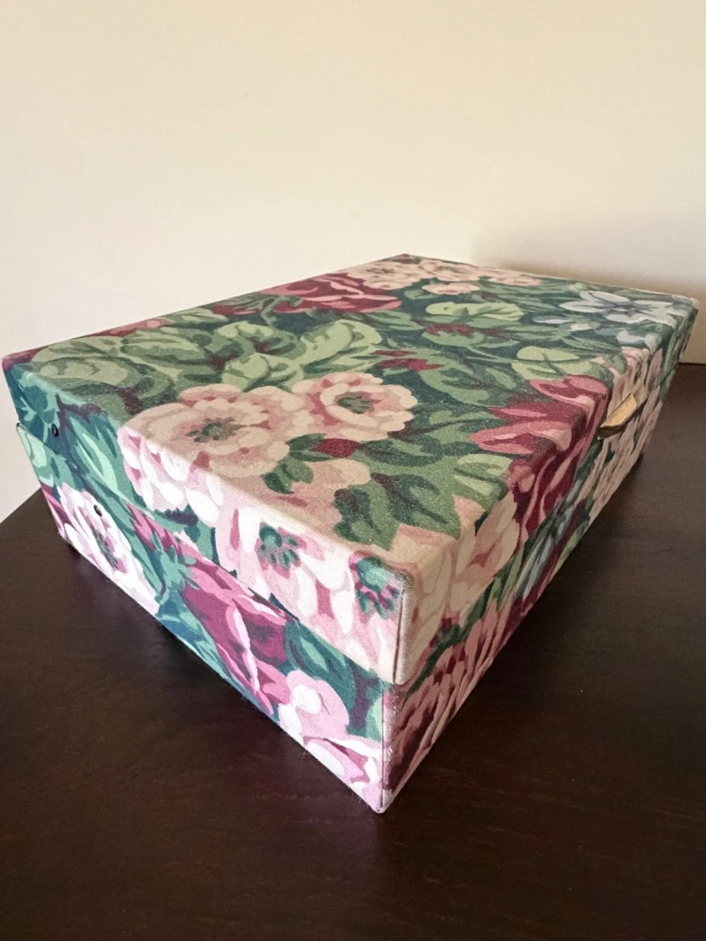 Vintage 80s Floral Fabric Two Tier Jewelry Box Case w/Mirror 10.5
